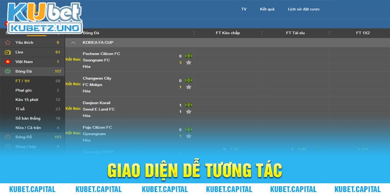 Giao diện của Ku Sports rất dễ tương tác